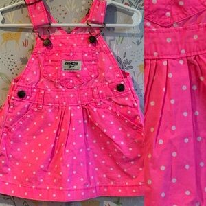 Oshkosh Baby B’gosh Neon Hot Pink Polka Dot Denim Overalls Dress 12 Mo 80s Retro